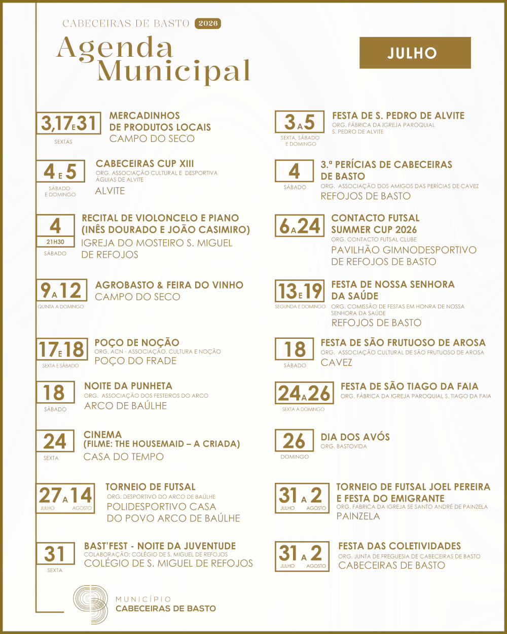 Agenda Cultural de Cabeceiras de Basto - julho 2026