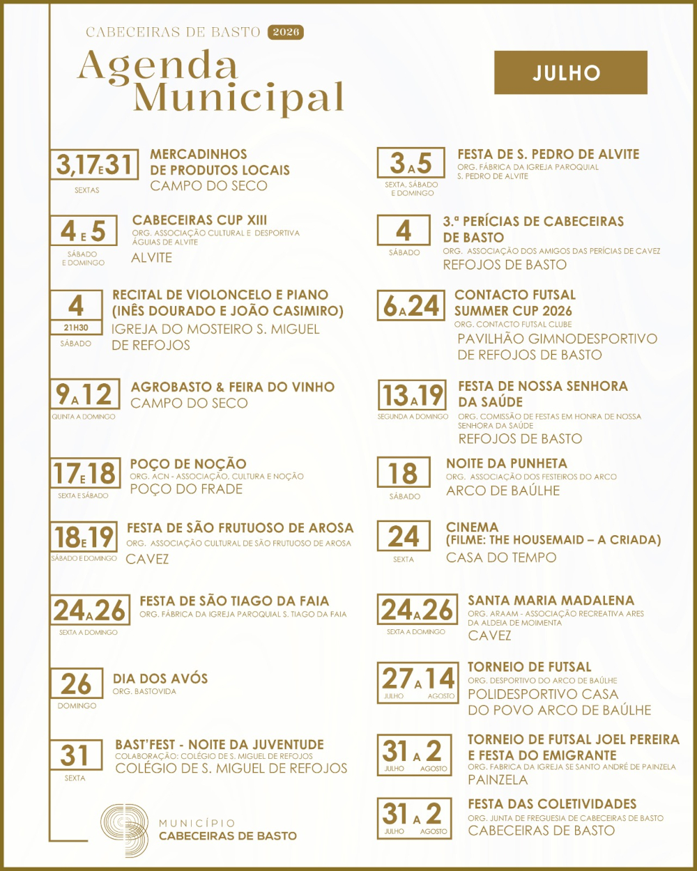 Agenda Cultural de Cabeceiras de Basto - julho 2026